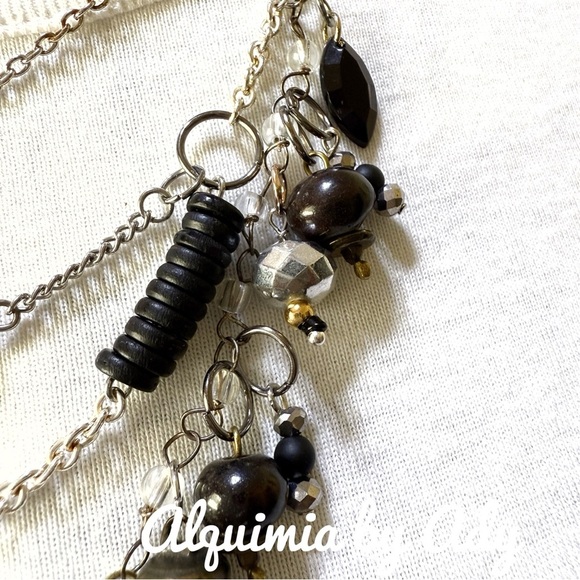 SILVER AND BLACK STONES MULTI CHARMS LAYERD NECKLACE - Picture 3 of 7